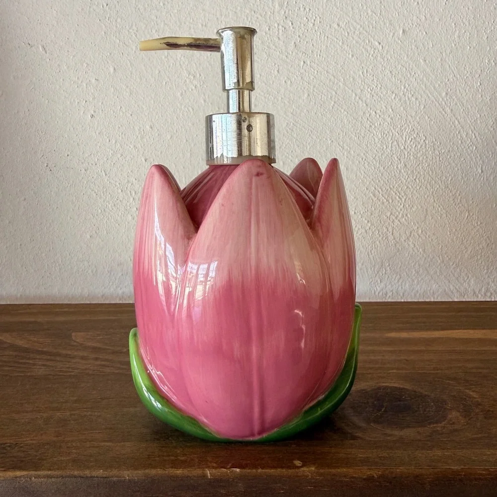 Vintage Avon RARE Pink Tulip Ceramic Soap Dispenser Sponge Holder Floral Decor